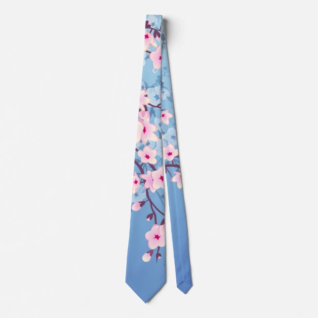 Cravate Fleurs florales de cerisier rose bleu (Devant)