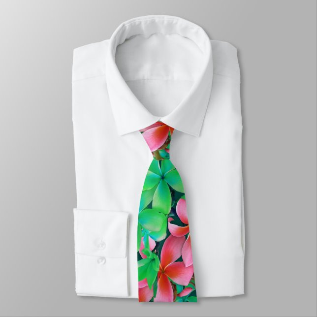 Cravate Fleurs grandes Plumeria Hawaïen vert rose (Attaché)
