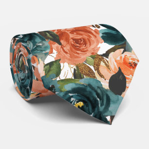 Cravate Fleurs H2 sarcelle et roses orange rouille