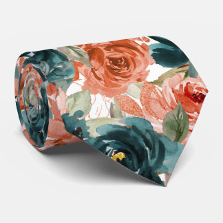 Cravate Fleurs H2 sarcelle vert rouille orange roses  