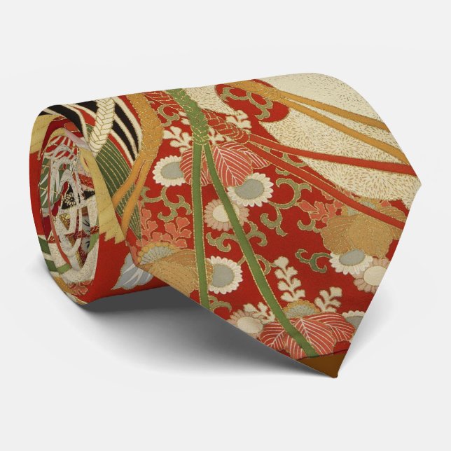 Cravate FLEURS JAPONAISES ANCIENNES Rouge Vert Noir Floral (Roulé)