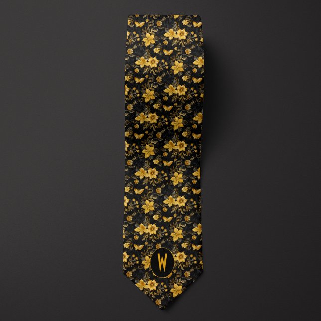 Cravate Fleurs Jaune Ambre sur Fond Noir (Créateur téléchargé)