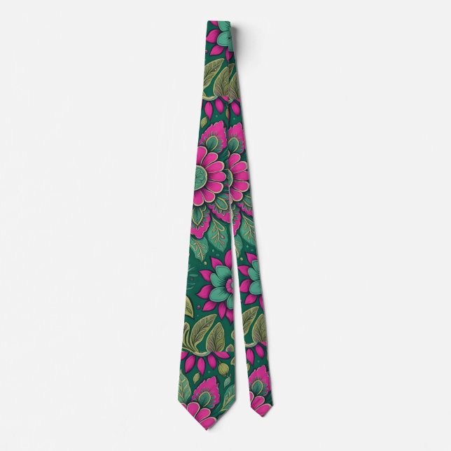 Cravate Fleurs Mandala Blossoms rose vert (Devant)