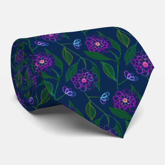 Cravate Fleurs Motif Groomsmen Marine Blue Floral Liberty (Roulé)