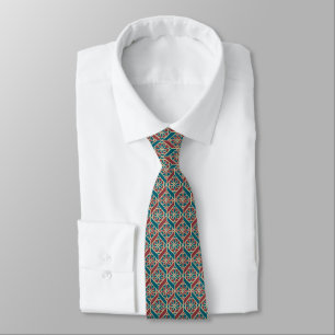 Cravate Fleurs Motifs ethniques de marron beige turquoise,