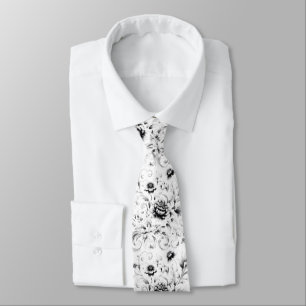 Cravate Fleurs Ornementales Noir et Blanc