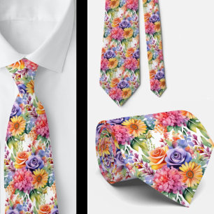 Cravate Fleurs printanières colorées Arc-en-ciel Aquarelle