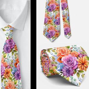 Cravate Fleurs printanières colorées Arc-en-ciel Aquarelle