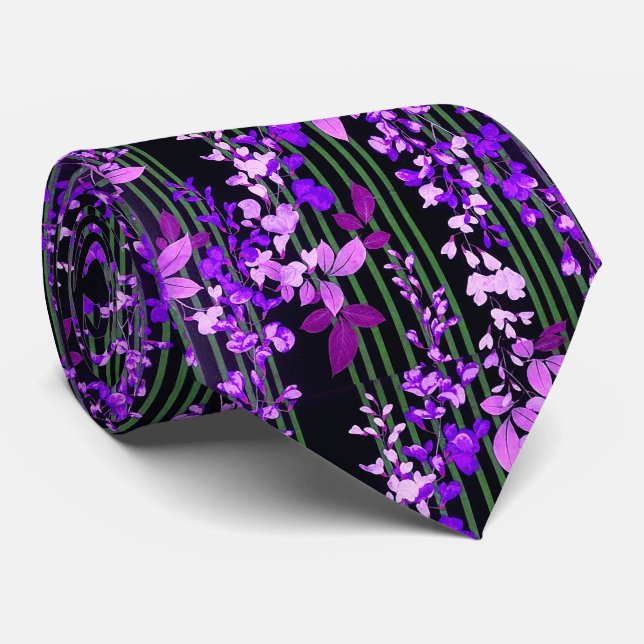 Cravate FLEURS PURPLES ROSES, STRIPES NOIRES VERTES Floral (Roulé)