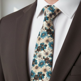 Cravate Fleurs rétro marron bleu