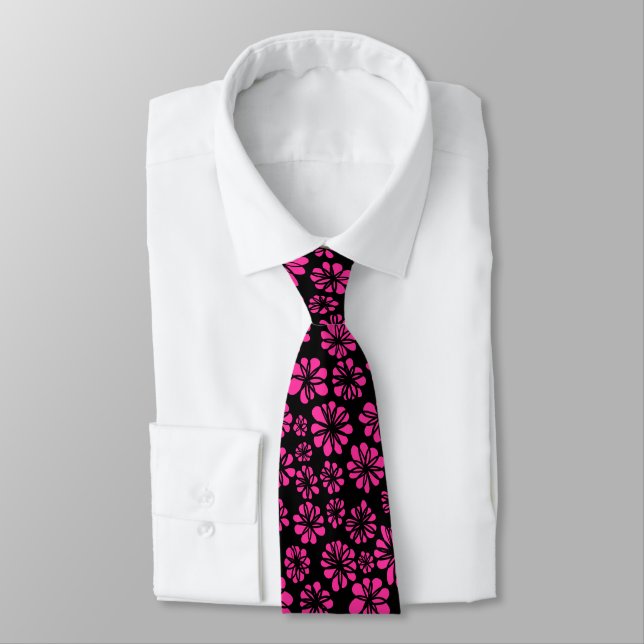 Cravate Fleurs - Rose chaud sur noir (Attaché)