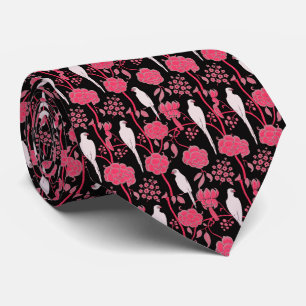 CRAVATE FLEURS ROSES ART DÉCO, PAROIS BLANCS SUR NOIR
