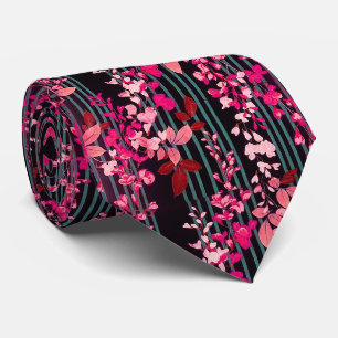 CRAVATE FLEURS ROSES BLANCHES, STRIPES NOIRES BLEU TURQUOI