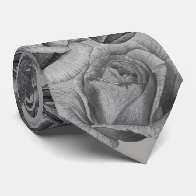 Cravate fleurs roses gris et bourgeons roses monochrome fl (Roulé)
