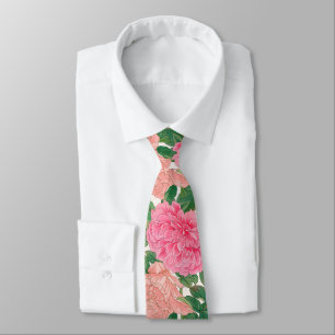 Cravate Fleurs Roses rose et pâle avec Feuilles verts