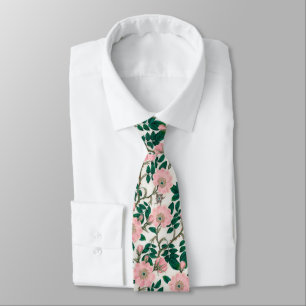 Cravate Fleurs Roses roses et Motif Feuille vert