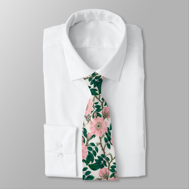 Cravate Fleurs Roses roses et Motif Feuille vert (Attaché)