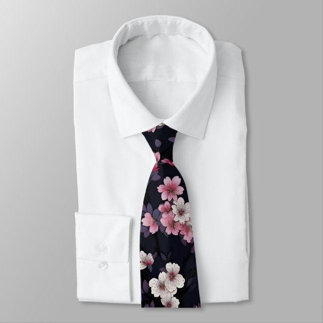 Cravate Fleurs Sakura Roses Noires, Design Motif, (Attaché)