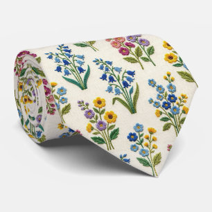 Cravate Fleurs sauvages Faux Soie   Style Broderie Vintage