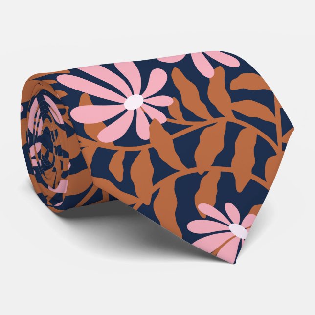 Cravate Fleurs super en gras - marron bleu marine (Roulé)