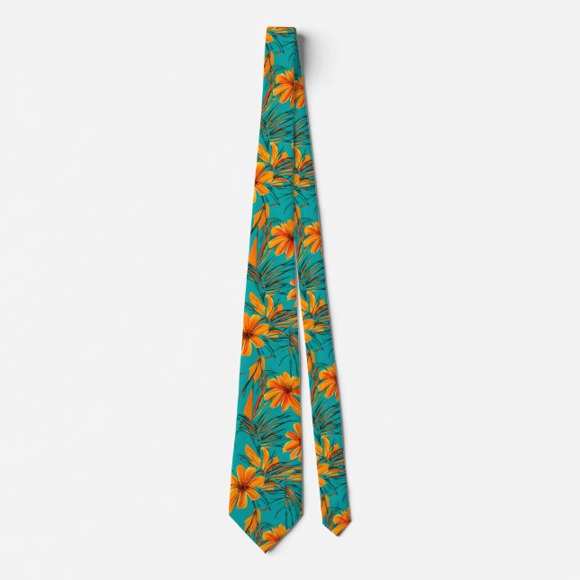 Cravate Fleurs tropicales orange | Turquoise (Devant)