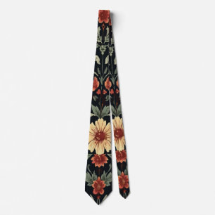 Cravate Fleurs vintage orange, jaune et vert sur fond noir