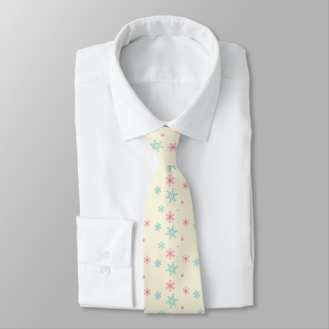 Cravate Flocon de neige rose et bleu Motif Noël hiver (Attaché)