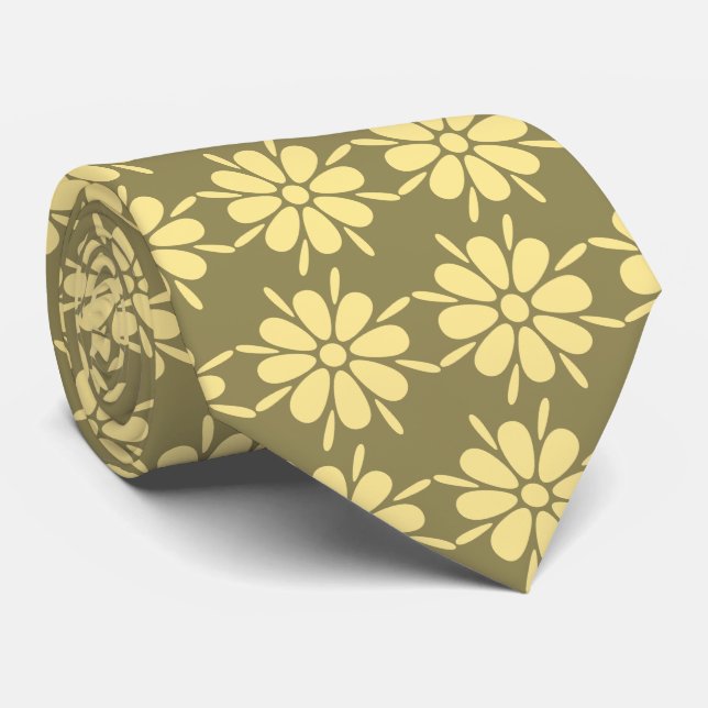 Cravate Flora Foulard Fleur Khaki & Jaune Deux faces (Roulé)