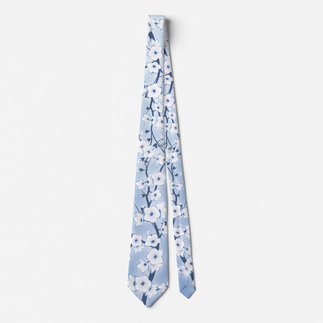 Cravate Floral Cerisier Fleur Blanc Bleu Motif (Devant)