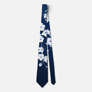 Cravate Floral Cerisier Fleurs Marine Bleu Blanc
