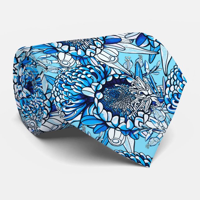 Cravate Floral de Waratah bleu été (Roulé)