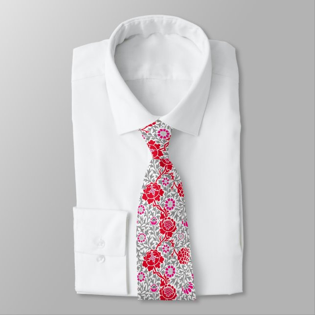 Cravate Floral jacobéen, rouge profond, rose et gris (Attaché)