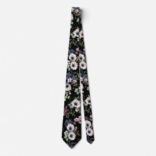 Cravate floral rose noir blanc vert Moody
