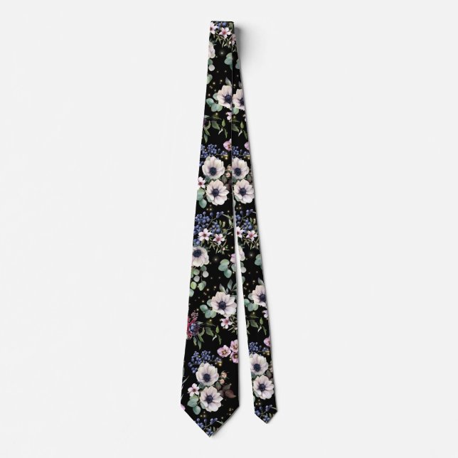 Cravate floral rose noir blanc vert Moody (Devant)