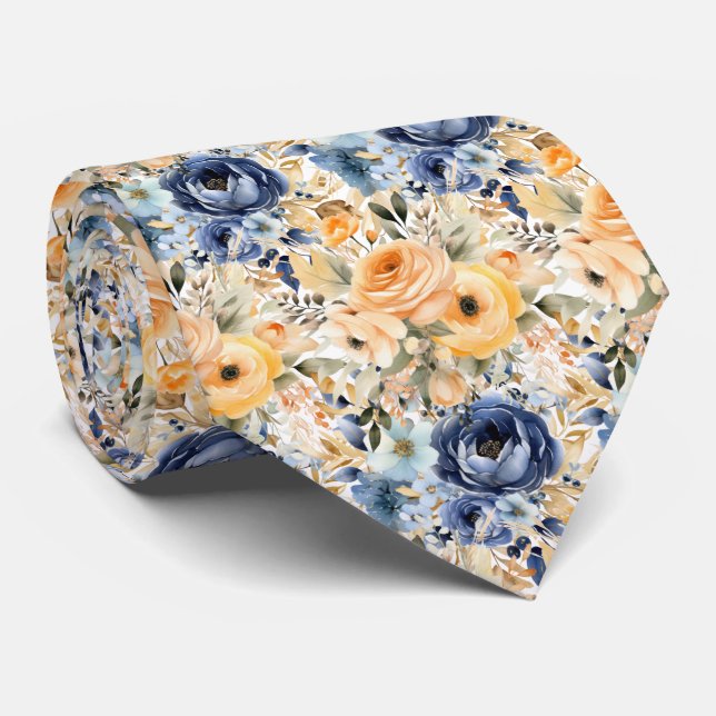 Cravate Flore bleu marine et Rose de pêche (Roulé)