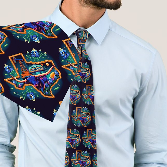 Cravate Forme texane Longhorn Pompe à huile Bluebonnets (Texas Themed Necktie Colorful Longhorn Steer and Bluebonnets in the shape of Texas)