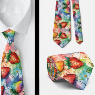 Cravate Fraises Motif Fraise Peinture Arc-en-ciel