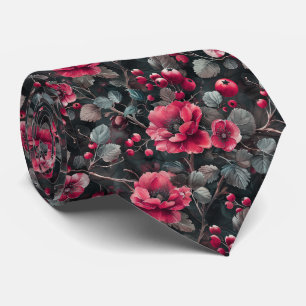 Cravate Framboise, fleurs bordeaux sur gris foncé