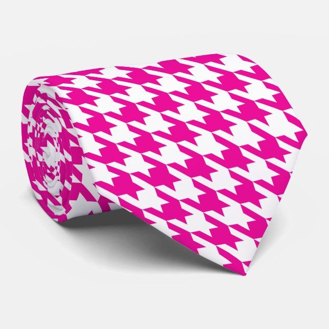 Cravate Fuchsia rose blanc Pied de Poule Houndstooth (Roulé)
