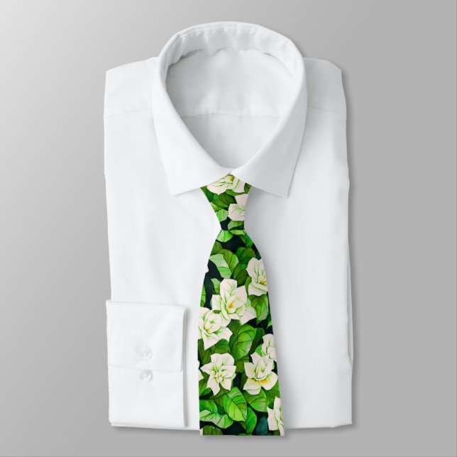Cravate Gardenias blanches et Feuilles verts de Jade (Attaché)