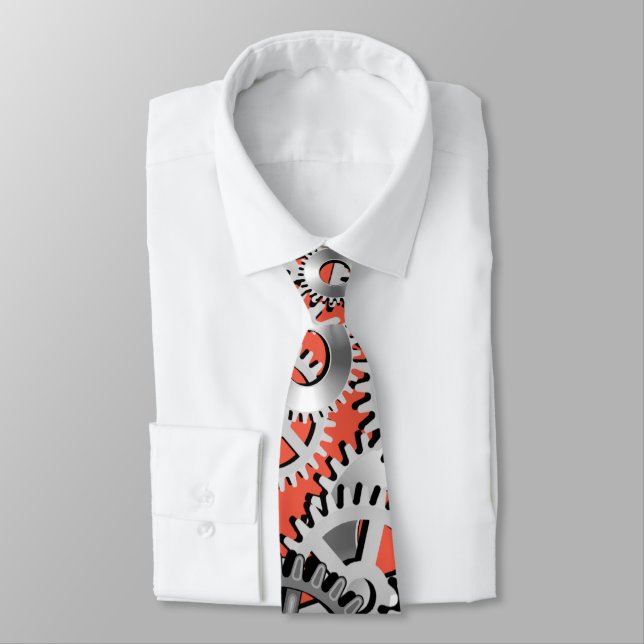 Cravate Gears Argent Orange Steampunk Mécanique (Attaché)
