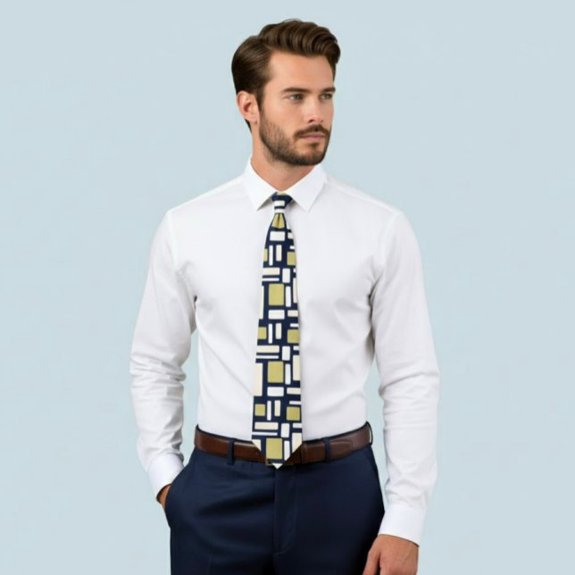 Cravate Geometric Rectangle Pattern Tie in Ivory and Gold  (Créateur téléchargé)