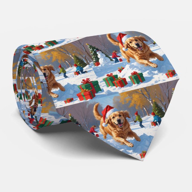 Cravate Golden Retriever en neige avec Casquette de Noël (Roulé)