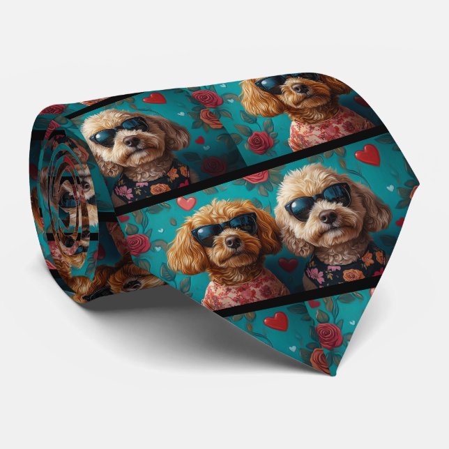 Cravate Goldendoodle avec coeur Roses Saint-Valentin (Roulé)