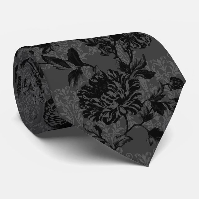 Cravate Gothique Charbon Damask Black Floral Mariage (Roulé)