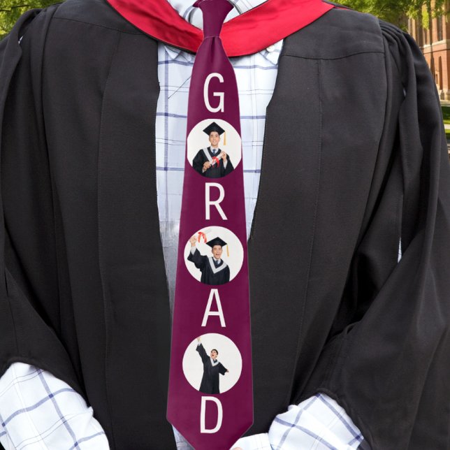 Cravate Graduation Keepsaké 3 Photos Grad Burgundy (A stylish tie for graduation, with 3 custom photos in round 'frames' and the word 'Grad' in capitals)