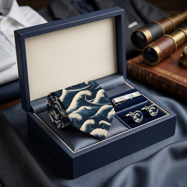 Cravate Grande Vague Hokusai Bleu Marine Motif d'Art Japon (Créateur téléchargé)