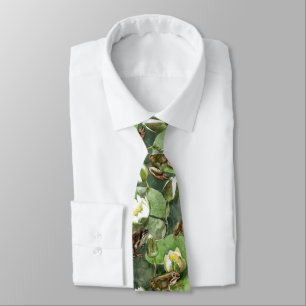 Cravate Grenouilles couture nénuphar verte et blanche