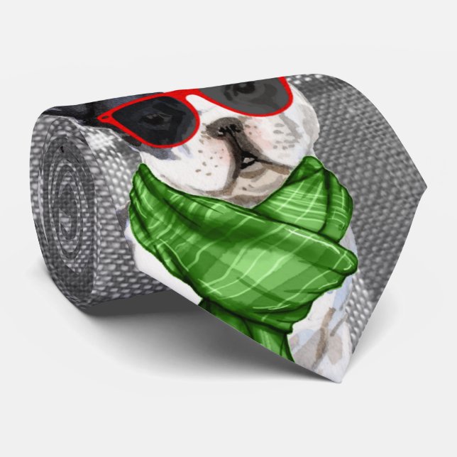 Cravate Grey Plaid and a Holiday Boston Terrier Christmas (Roulé)