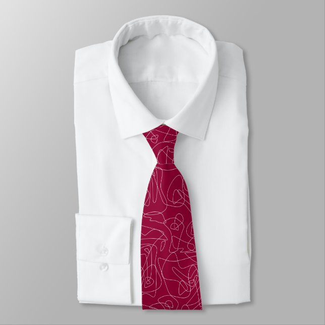 Cravate Gribouillis abstraits blancs sur fond rouge foncé (Attaché)